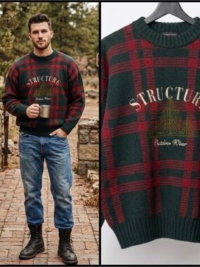Vintage Structure Outdoor Wear Wool Chunky Preppy Plaid Academia Sweater XL